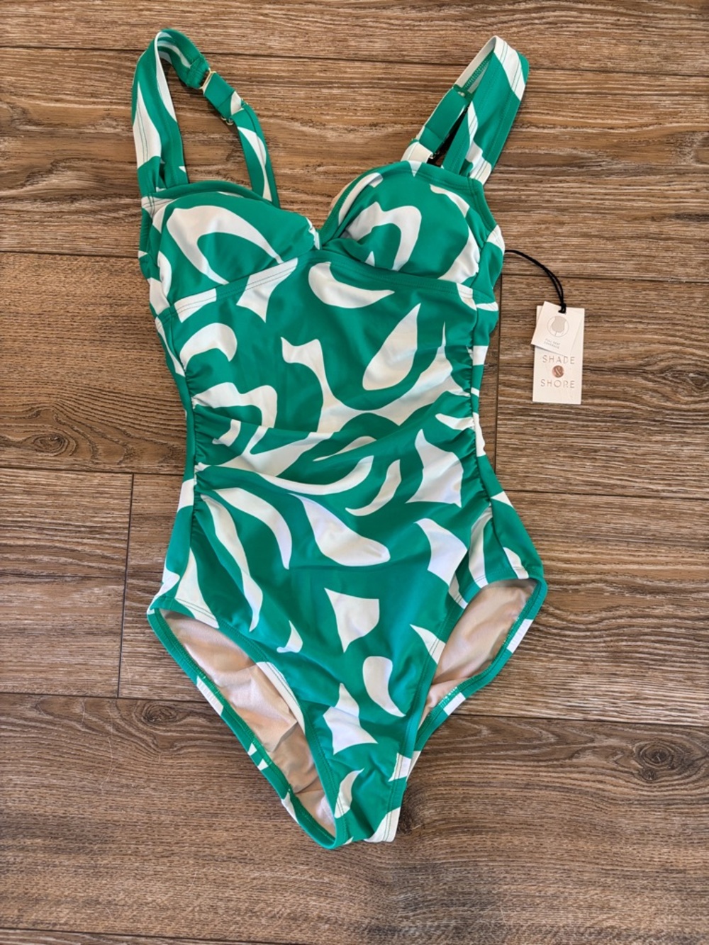 NWT Women’s Shade & Shore Green and White Swirl One-Piece Swimsuit Size XS 0-2